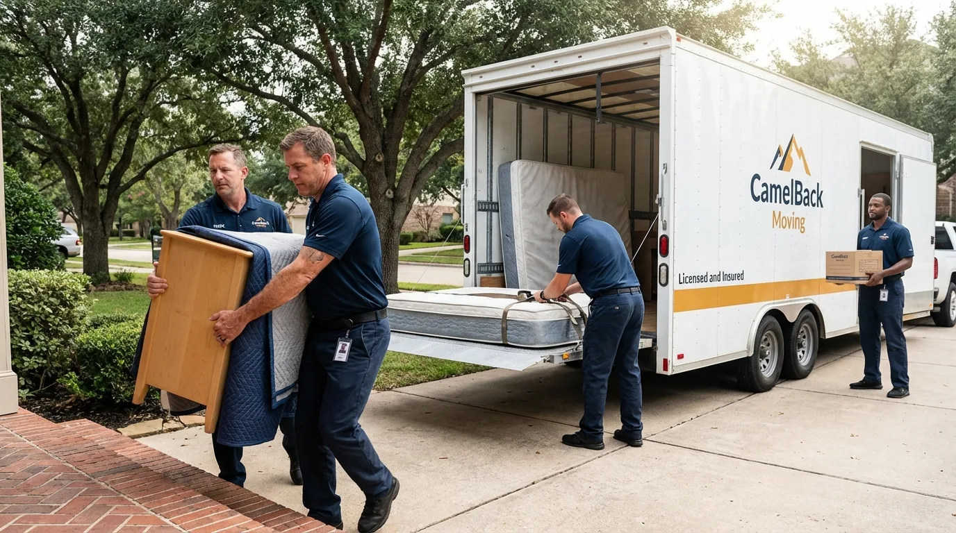 Crew loading residential truck for cross-state move from Brownsville, TX