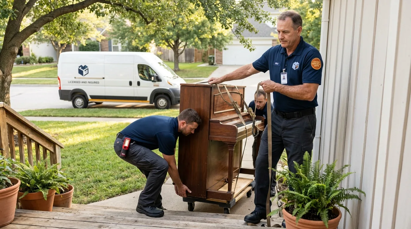 Licensed piano movers securing grand piano in Brownsville, TX