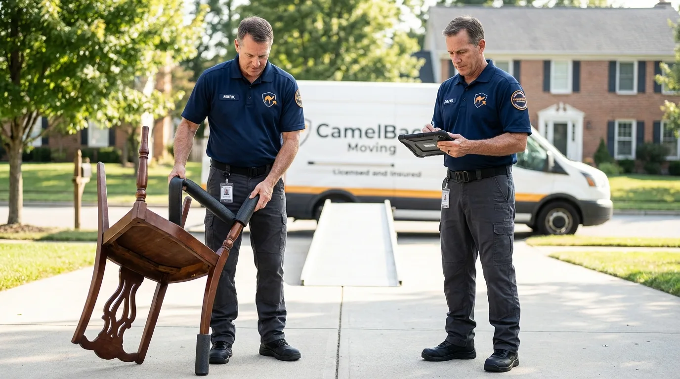 Movers inspecting furniture for damage prevention before loading in Brownsville, TX